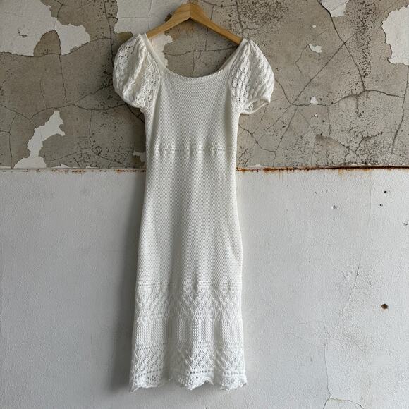 Freshman 1996 Dresses & Skirts - Puff Sleeve Dress White Crochet Knit Midi Cottagecore Romantic Boho Dress‎ Small